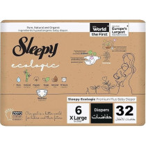 Sleepy Ecologic Size 6, 32 Count, Hypoallergenic, Plant-Based, Biodegradable, Sustainable, Premium Taped Diapers With High Absorption, Organic Baby Dry Diaper 15-27 Kg, 100Percentage Leakproof