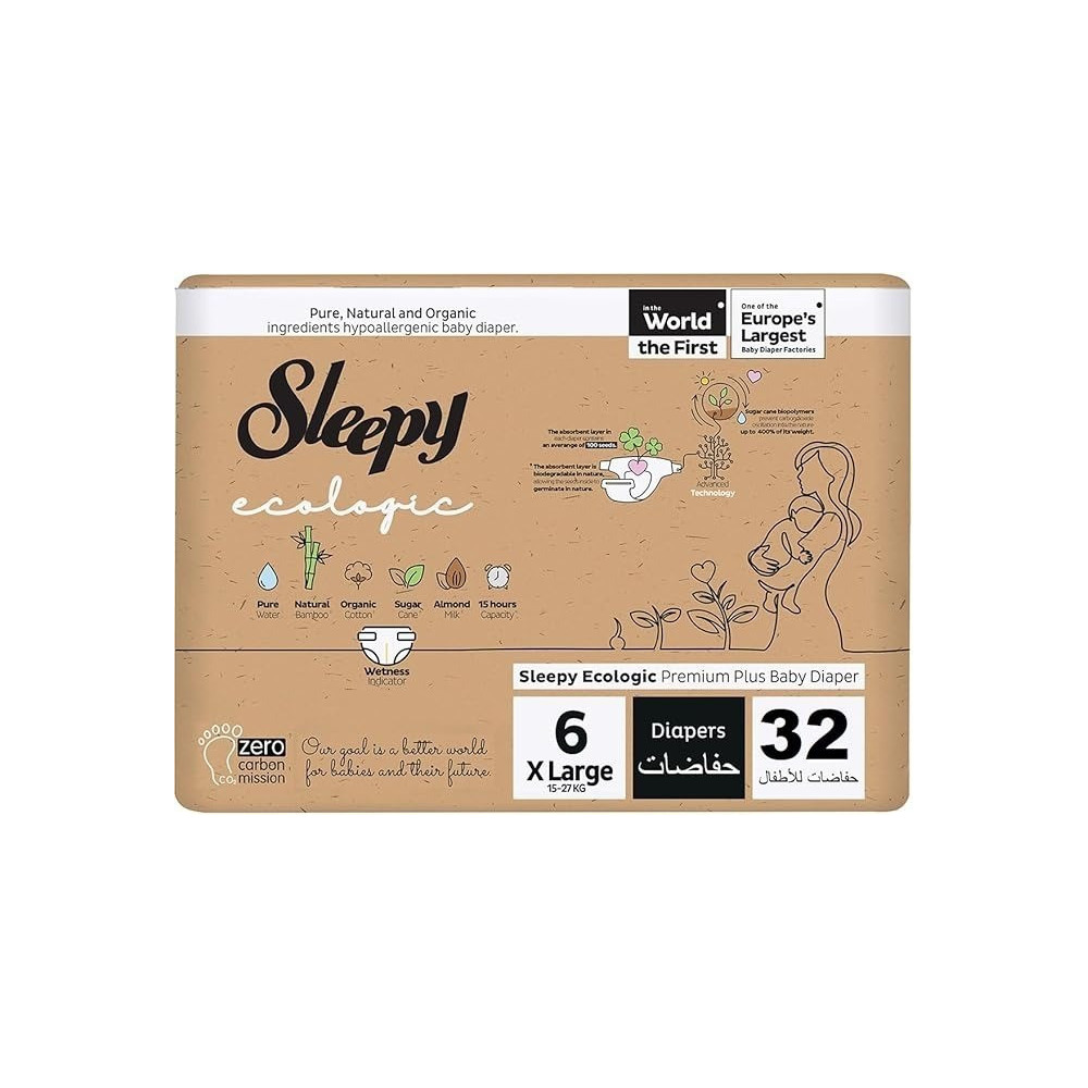 Sleepy Ecologic Size 6, 32 Count, Hypoallergenic, Plant-Based, Biodegradable, Sustainable, Premium Taped Diapers With High Absorption, Organic Baby Dry Diaper 15-27 Kg, 100Percentage Leakproof