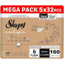 Sleepy Ecologic Size 6, 160 Count, Hypoallergenic, Plant-Based, Biodegradable, Sustainable, Premium Taped Diapers With High Absorption, 5X32 Organic Baby Dry Diaper 15-27 Kg, 100Percentage Leakproof