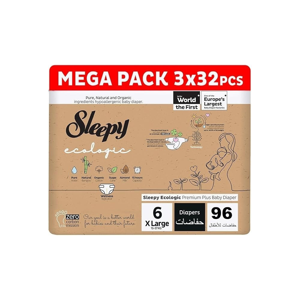 Sleepy Ecologic Size 6, 96 Count, Hypoallergenic, Plant-Based, Biodegradable, Sustainable, Premium Taped Diapers With High Absorption, 3X32 Organic Baby Dry Diaper 15-27 Kg, 100Percentage Leakproof