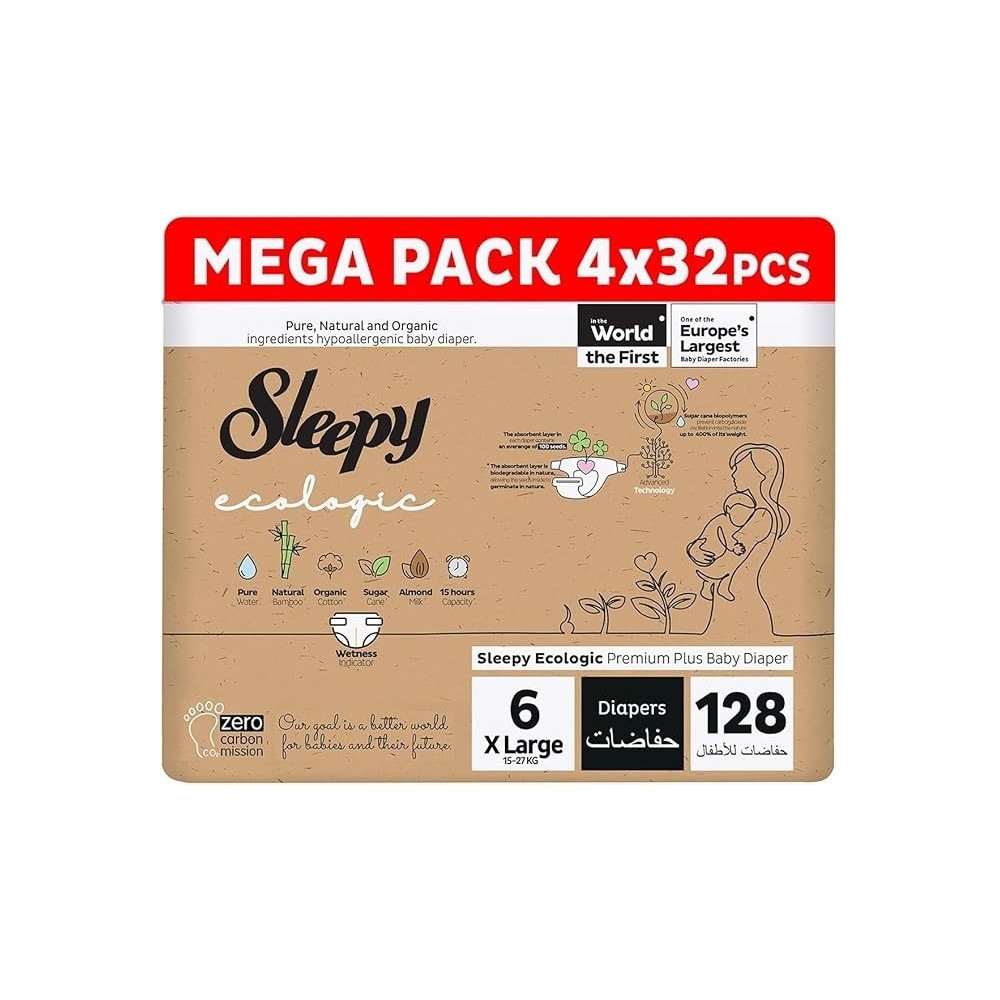 Sleepy Ecologic Size 6, Hypoallergenic, Plant-Based, Biodegradable, Sustainable, Premium Taped Diapers With High Absorption, Organic Baby Dry Diaper 15-27 Kg, 100Percentage Leakproof (6, 128 Count)