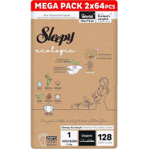 Sleepy Ecologic Size 1, 128 Count New Born, Hypoallergenic, Plant-Based, Biodegradable, Sustainable, Premium Taped Diapers With High Absorption, 2X64 Organic Baby Dry Diaper 3-6 Kg, 100Percentage Leakproof