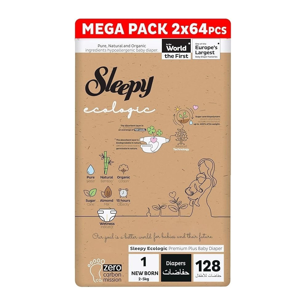 Sleepy Ecologic Size 1, 128 Count New Born, Hypoallergenic, Plant-Based, Biodegradable, Sustainable, Premium Taped Diapers With High Absorption, 2X64 Organic Baby Dry Diaper 3-6 Kg, 100Percentage Leakproof