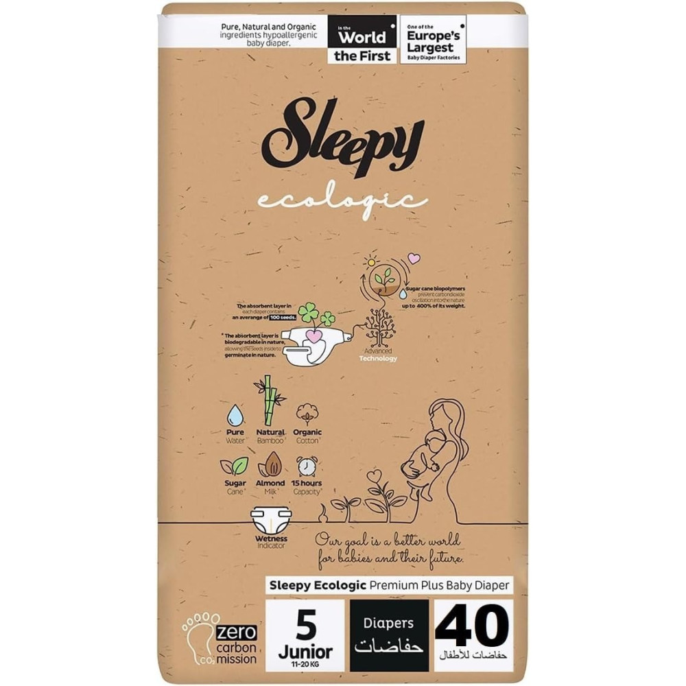 Sleepy Ecologic Size 5, 40 Count, Hypoallergenic, Plant-Based, Biodegradable, Sustainable, Premium Taped Diapers With High Absorption, Organic Baby Dry Diaper 11-20 Kg, 100Percentage Leakproof