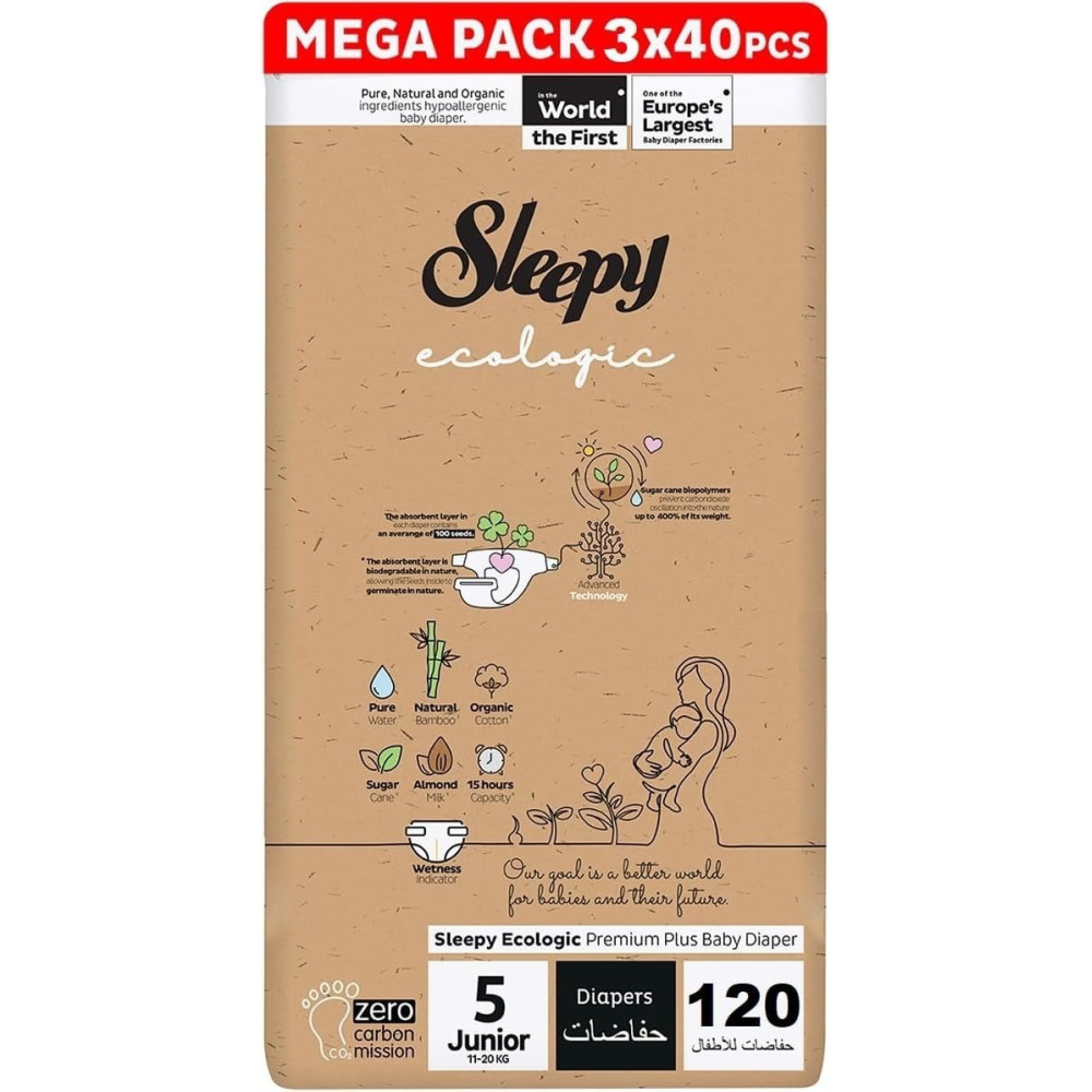 Sleepy Ecologic Size 5, Hypoallergenic, Plant-Based, Biodegradable, Sustainable, Premium Taped Diapers With High Absorption, Organic Baby Dry Diaper 11-20 Kg, 100Percentage Leakproof (5, 120 Count)