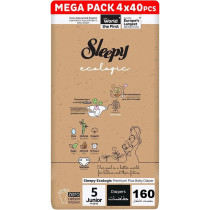 Sleepy Ecologic Size 5, Hypoallergenic, Plant-Based, Biodegradable, Sustainable, Premium Taped Diapers With High Absorption, Organic Baby Dry Diaper 11-20 Kg, 100Percentage Leakproof (5, 160 Count)