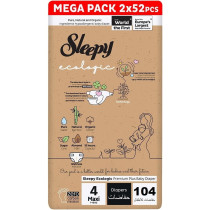 Sleepy Ecologic Size 4, Hypoallergenic, Plant-Based, Biodegradable,Sustainable, Premium Taped Diapers With High Absorption, Organic Baby Dry Diaper 7-16 Kg, 100Percentage Leakproof (4, 104 Count)