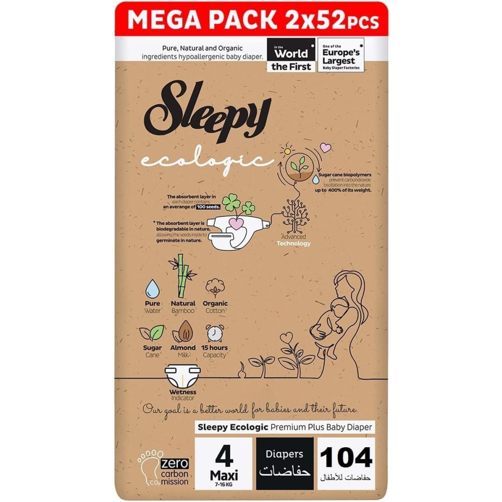 Sleepy Ecologic Size 4, Hypoallergenic, Plant-Based, Biodegradable,Sustainable, Premium Taped Diapers With High Absorption, Organic Baby Dry Diaper 7-16 Kg, 100Percentage Leakproof (4, 104 Count)