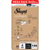 Sleepy Ecologic Size 4, Hypoallergenic, Plant-Based, Biodegradable,Sustainable, Premium Taped Diapers With High Absorption, Organic Baby Dry Diaper 7-16 Kg, 100Percentage Leakproof (4, 156 Count)