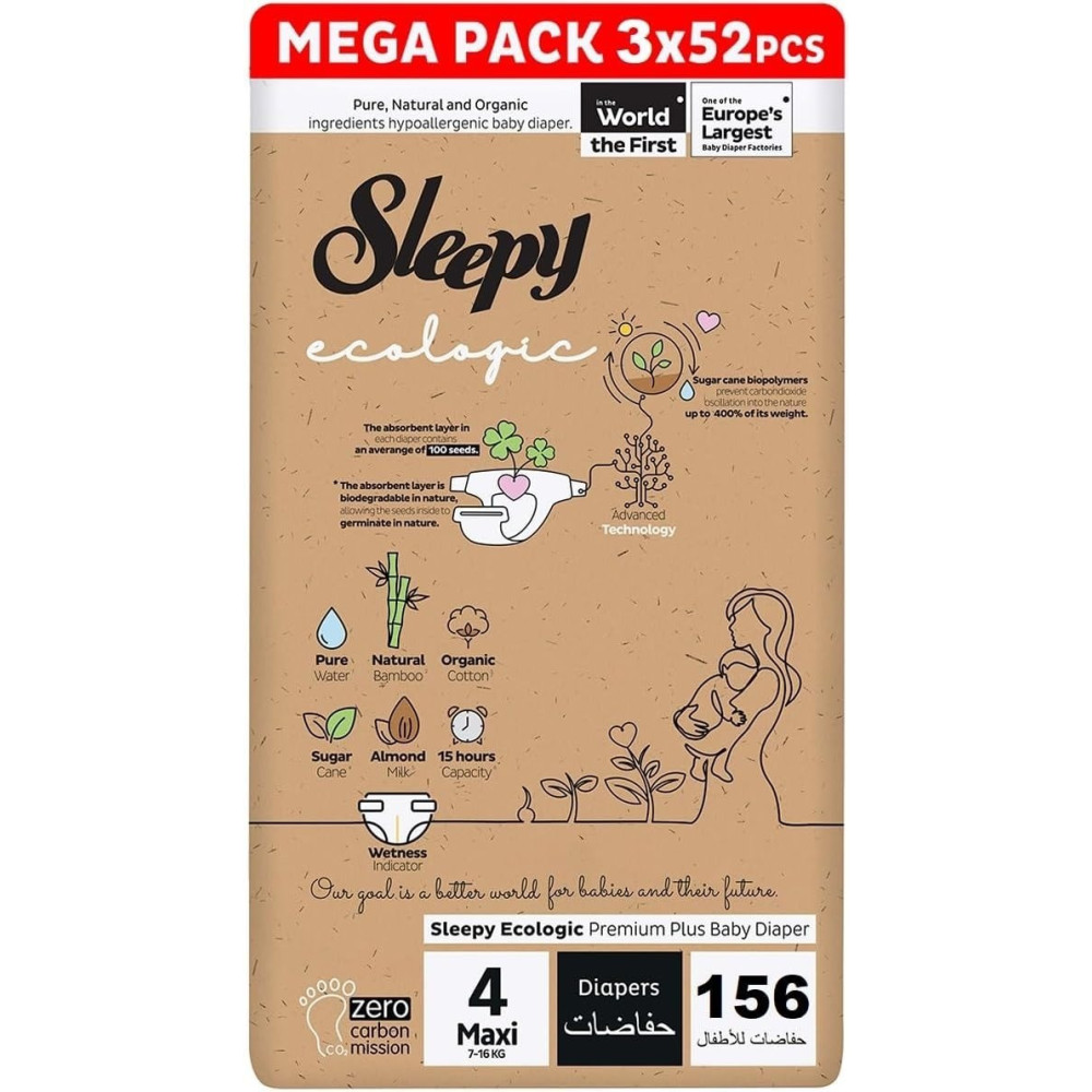 Sleepy Ecologic Size 4, Hypoallergenic, Plant-Based, Biodegradable,Sustainable, Premium Taped Diapers With High Absorption, Organic Baby Dry Diaper 7-16 Kg, 100Percentage Leakproof (4, 156 Count)