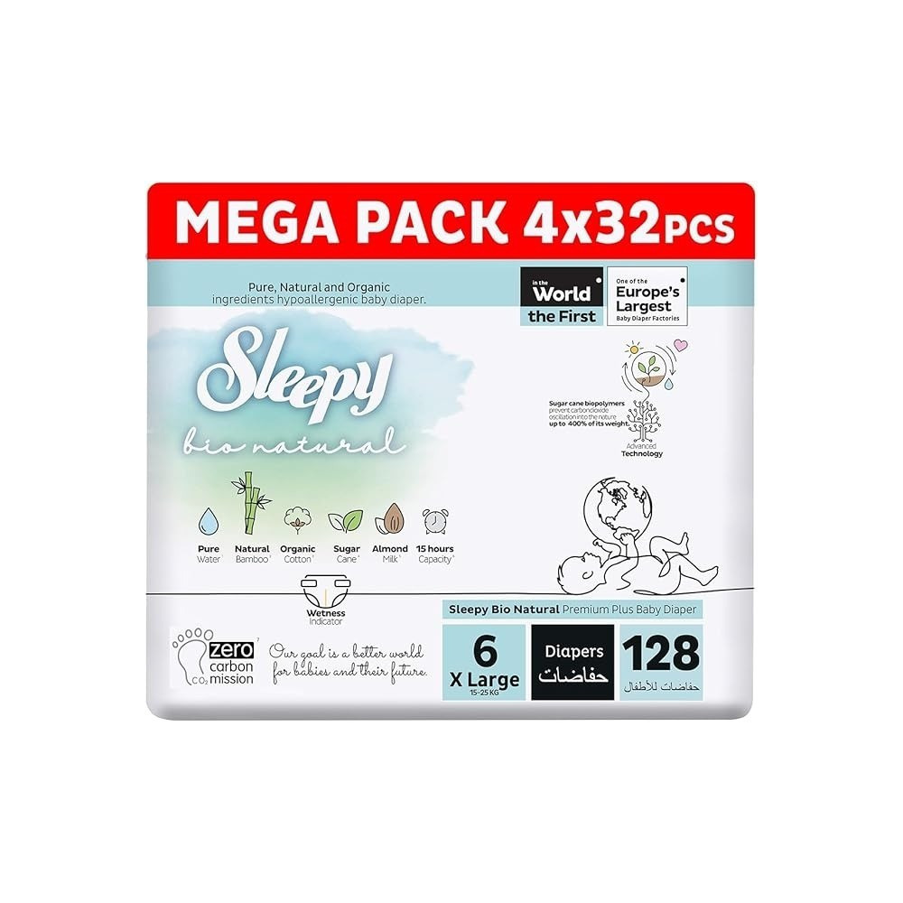 Sleepy Bio Natural Premium Size 6 Diapers, 128 Count, Baby Dry Taped Diapers, 15-25Kg Hypoallergenic, 4X32 Water Based, Almond Milk, Vegan, 100Percentage Leakproof