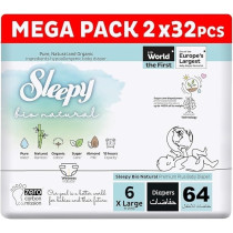 Sleepy Bio Natural Premium Size 6 Diapers, 64 Count, Baby Dry Taped Diapers, 15-25Kg Hypoallergenic, 2X32 Water Based, Almond Milk, Vegan, 100Percentage Leakproof