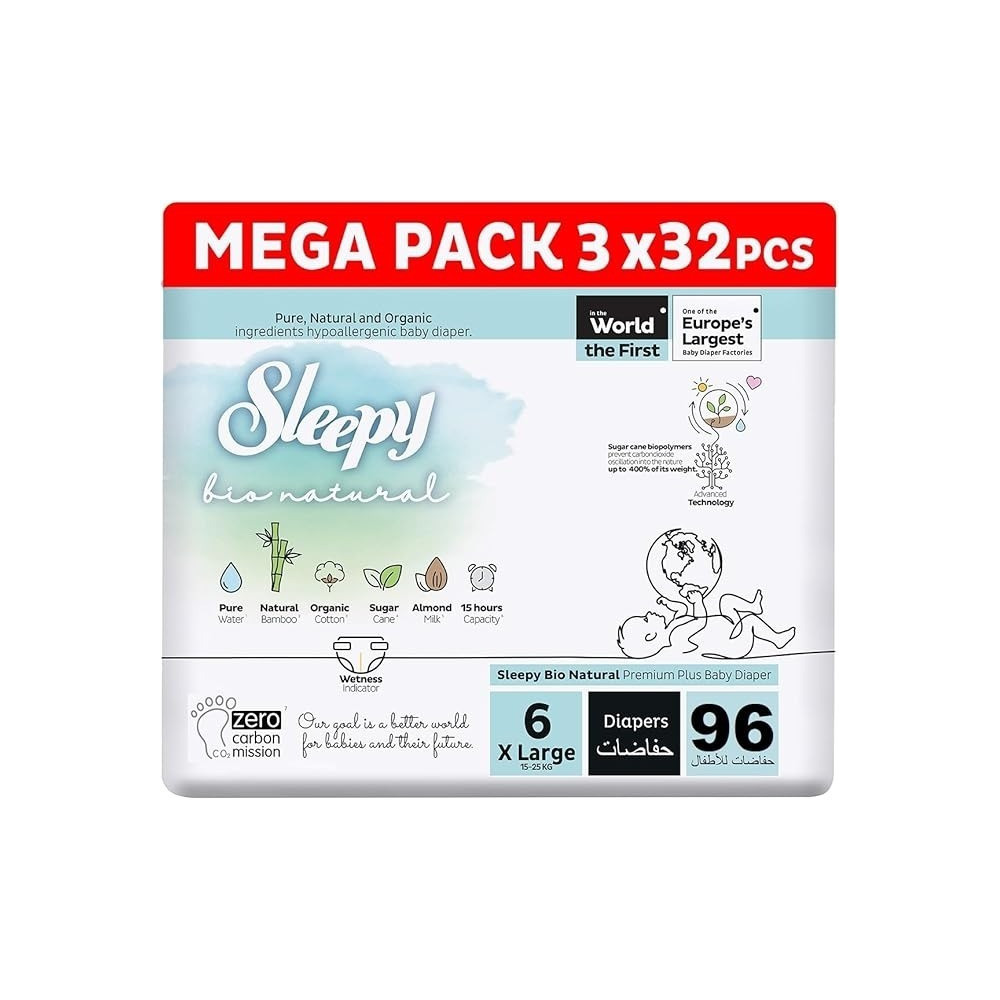 Sleepy Bio Natural Premium Size 6 Diapers, Baby Dry Taped Diapers, 15-25Kg Hypoallergenic, Water Based, Almond Milk, Vegan, 100Percentage Leakproof (6, 96 Count)