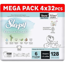 Sleepy Bio Natural Premium Size 6 Diapers, Baby Dry Taped Diapers, 15-25Kg Hypoallergenic, Water Based, Almond Milk, Vegan, 100Percentage Leakproof (6, 128 Count)
