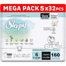 Sleepy Bio Natural Premium Size 6 Diapers, Baby Dry Taped Diapers, 15-25Kg Hypoallergenic, Water Based, Almond Milk, Vegan, 100Percentage Leakproof (6, 160 Count)