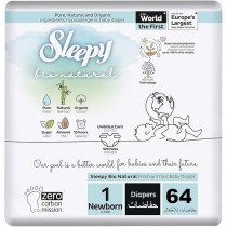 Sleepy Bio Natural Premium Size 1 Diapers, 64 Count, Baby Dry Taped Diapers, 2-5Kg Hypoallergenic, Water Based, Almond Milk, Vegan, 100Percentage Leakproof