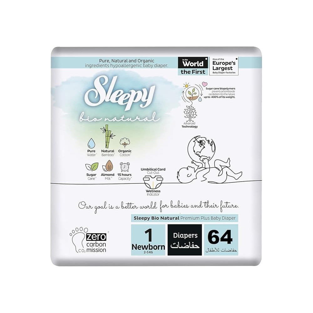 Sleepy Bio Natural Premium Size 1 Diapers, 64 Count, Baby Dry Taped Diapers, 2-5Kg Hypoallergenic, Water Based, Almond Milk, Vegan, 100Percentage Leakproof