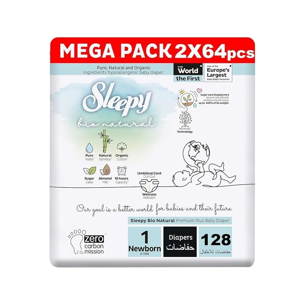 Sleepy Bio Natural Premium Size 1 Diapers, Baby Dry Taped Diapers, 2-5Kg Hypoallergenic, Water Based, Almond Milk, Vegan, 100Percentage Leakproof (1, 128 Count)
