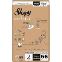 Sleepy Ecologic Size 3, 56 Count, Hypoallergenic, Plant-Based, Biodegradable, Sustainable, Premium Taped Diapers With High Absorption, Organic Baby Dry Diaper 4-10 Kg, 100Percentage Leakproof