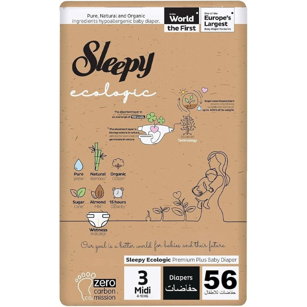 Sleepy Ecologic Size 3, 56 Count, Hypoallergenic, Plant-Based, Biodegradable, Sustainable, Premium Taped Diapers With High Absorption, Organic Baby Dry Diaper 4-10 Kg, 100Percentage Leakproof