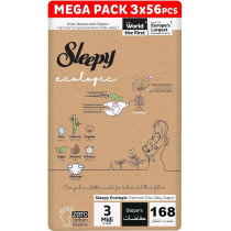 Sleepy Ecologic Size 3, Hypoallergenic, Plant-Based, Biodegradable, Sustainable, Premium Taped Diapers With High Absorption, Organic Baby Dry Diaper 4-10 Kg, 100Percentage Leakproof (3, 168 Count)