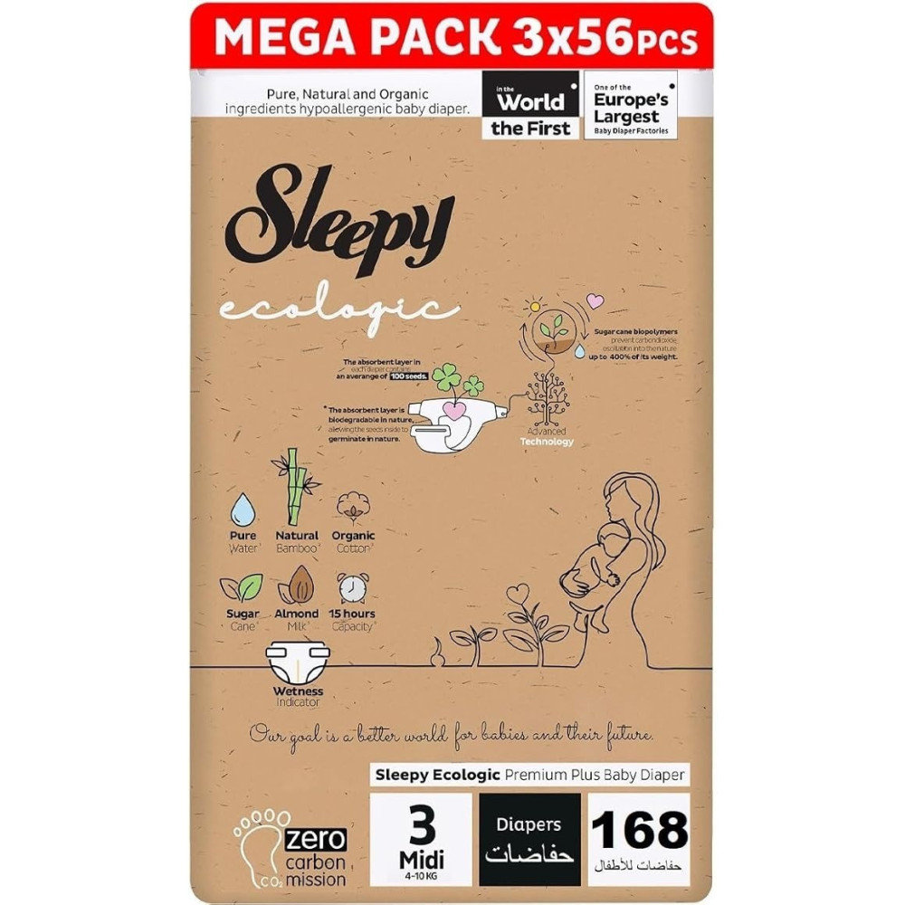 Sleepy Ecologic Size 3, Hypoallergenic, Plant-Based, Biodegradable, Sustainable, Premium Taped Diapers With High Absorption, Organic Baby Dry Diaper 4-10 Kg, 100Percentage Leakproof (3, 168 Count)