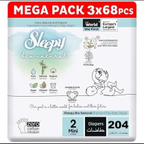 Sleepy Bio Natural Premium Size 2 Diapers, 204 Count, Baby Dry Taped Diapers, 3-6Kg Hypoallergenic, 3X68 Water Based, Almond Milk, Vegan, 100Percentage Leakproof
