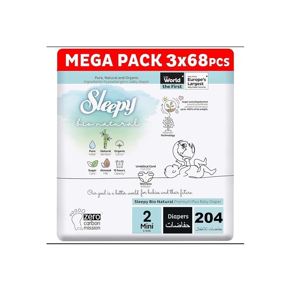Sleepy Bio Natural Premium Size 2 Diapers, 204 Count, Baby Dry Taped Diapers, 3-6Kg Hypoallergenic, 3X68 Water Based, Almond Milk, Vegan, 100Percentage Leakproof