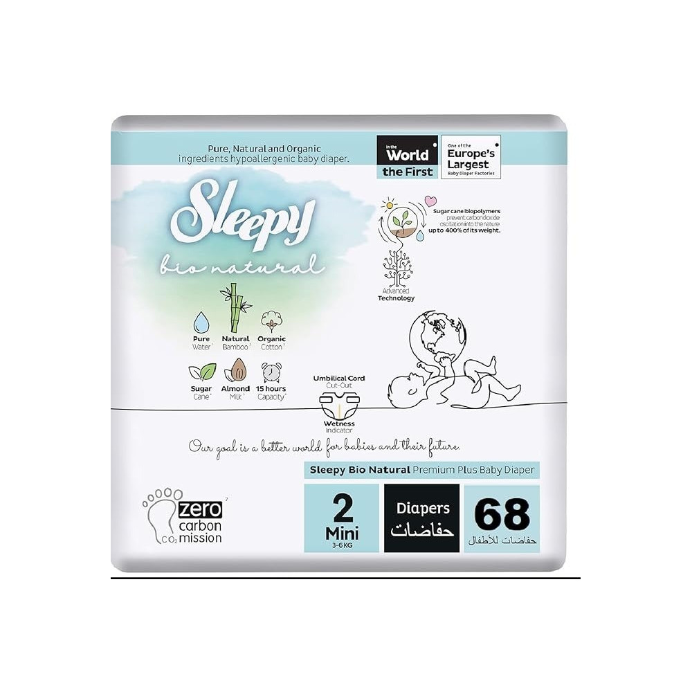 Sleepy Bio Natural Premium Size 2 Diapers, 68 Count, Baby Dry Taped Diapers, 3-6 Kg Hypoallergenic, Water Based, Almond Milk, Vegan, 100 Percentage Leakproof