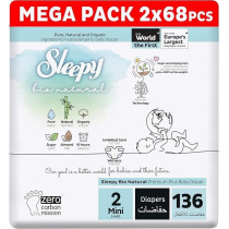 Sleepy Bio Natural Premium Size 2 Diapers, Baby Dry Taped Diapers, 3-6Kg Hypoallergenic, Water Based, Almond Milk, Vegan, 100Percentage Leakproof (2, 136 Count)