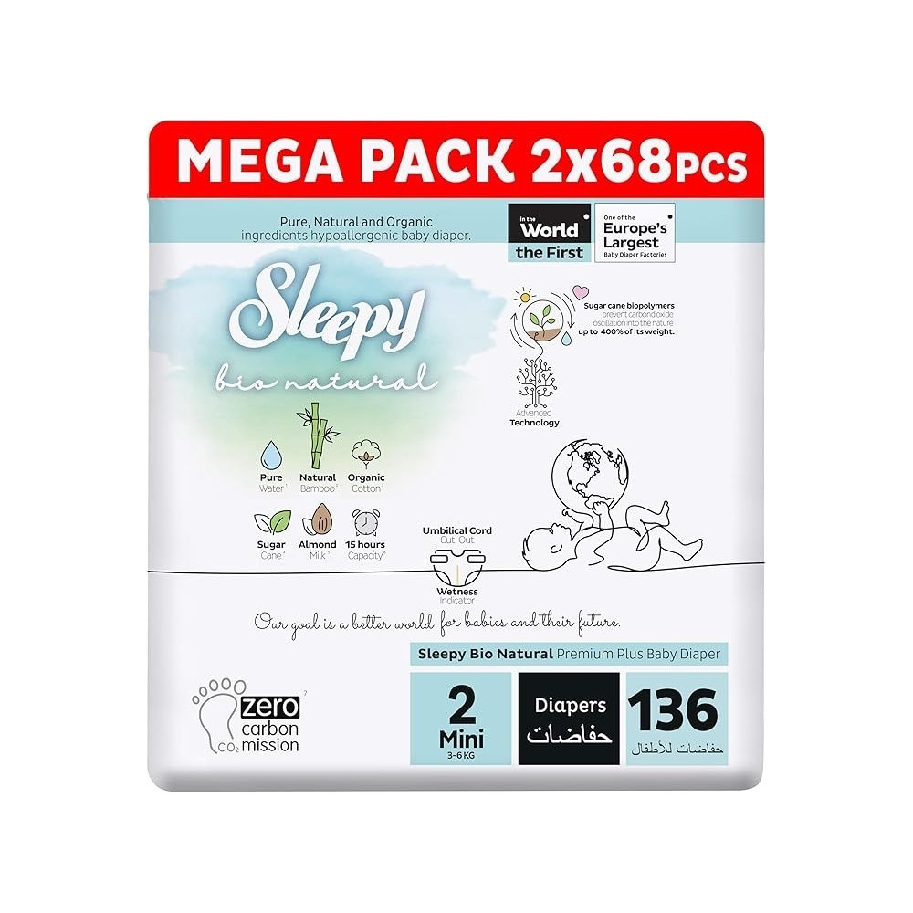 Sleepy Bio Natural Premium Size 2 Diapers, Baby Dry Taped Diapers, 3-6Kg Hypoallergenic, Water Based, Almond Milk, Vegan, 100Percentage Leakproof (2, 136 Count)
