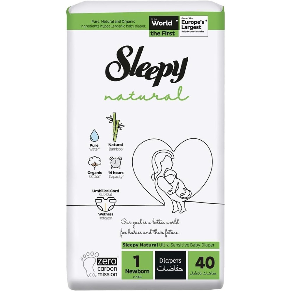 Sleepy Natural Size 1 (Newborn), 40 Count, 2-5Kg Hypoallergenic Baby Dry Diapers, Organic Cotton, Highly Absorbent, Bamboo Extract, Ultimate Comfort And Dryness, 100Percentage Leakage Protection