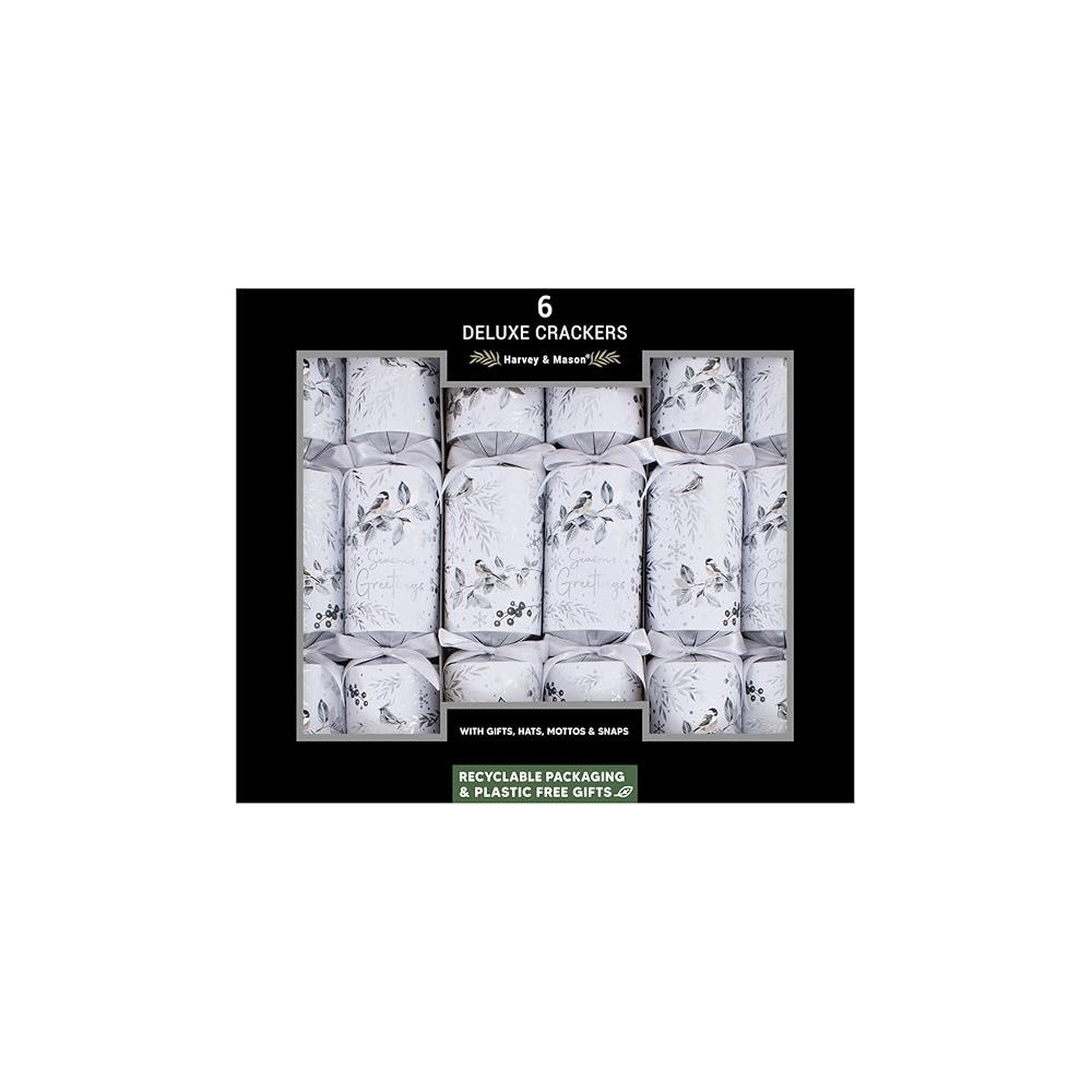 Harvey & Mason Rsw Large Deluxe Christmas Crackers, Silver/White Winter Robin, 6 Piece