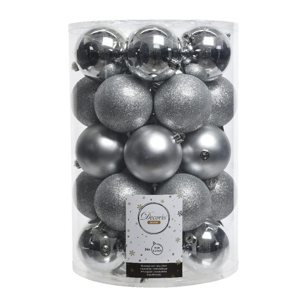 Kaemingk Christmas Bauble Shatterproof, Silver, 8 Cm, Set Of 34
