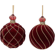 Kaemingk Bauble Glass Glass Velvet Finish With Glitter Swirl And Glitter Crossing Oxblood 10Cm, Assorted