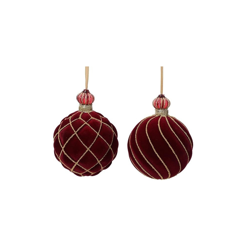 Kaemingk Bauble Glass Glass Velvet Finish With Glitter Swirl And Glitter Crossing Oxblood 10Cm, Assorted