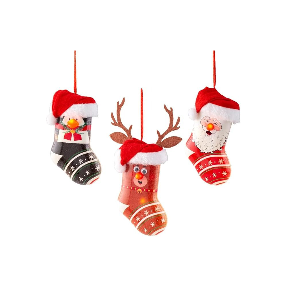 Kaemingk Sock Plastic Flashing Effect Indoor Hanging Decoration, Deer Santa Penguin, Assorted
