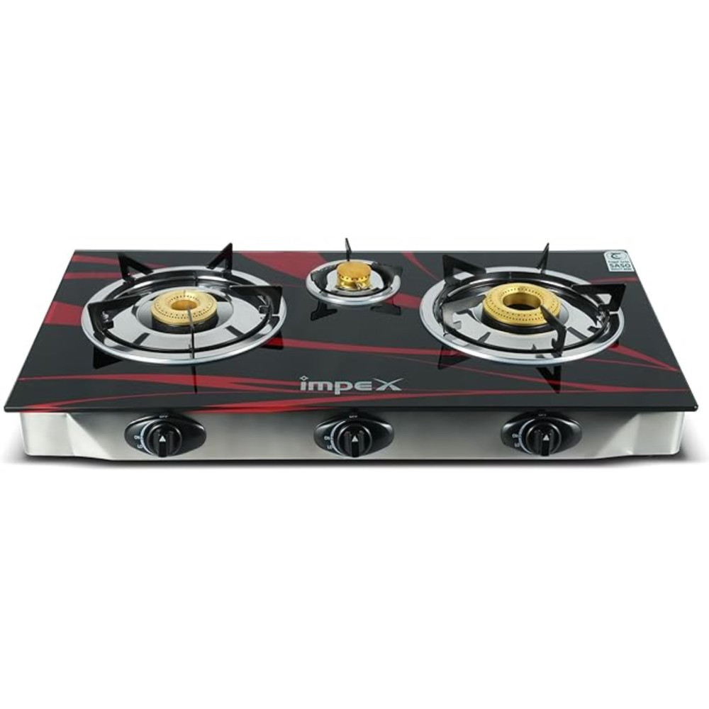 Impex IGS 1213F Auto Ignition 3 Burner LP Gas Stove With Toughened Glass Long Life Spill Tray