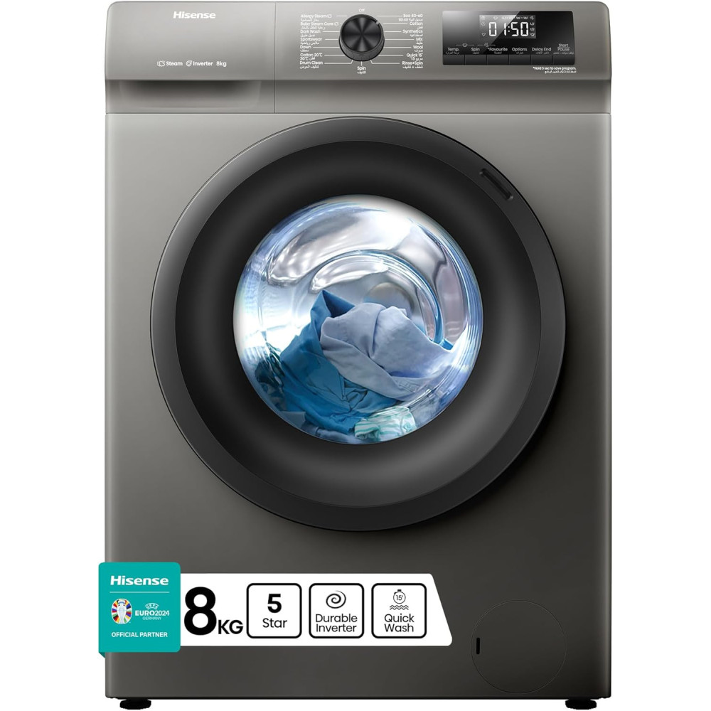 Hisense WFQP8012T 8 Kg Front Load Slim Drum Washing Machine, Inverter Motor 1200 RPM, Quick Wash, Pause And add Function, Allergy Steam Care, Titanium Grey