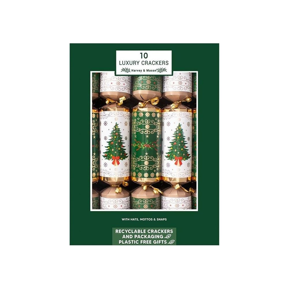 Harvey & Mason Christmas Crackers 10 Pack Family Plastic Free And Recyclable, 36Cm, Green/White