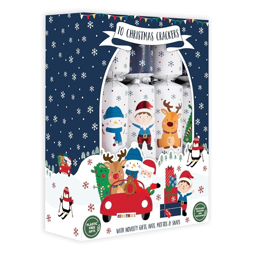 Harvey & Mason 10 Family Eco Christmas Crackers, Blue/White, Santa Friends