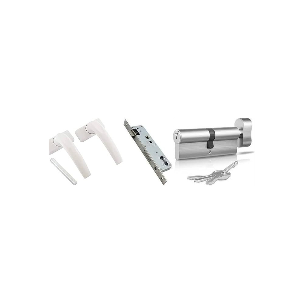 Abbas Ali 2 Hole Aluminium Door Handle With Lock Body And Knob Cylinder With 3Keys, 20mm, White