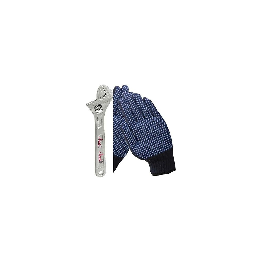 Abbas Ali Carbon Steel Adjustable Wrench, Extra Wide Jaw Opening, Heat Treated Chrome Plated Drop Forged With Dotted Glove 1 Pair, 12 Inch