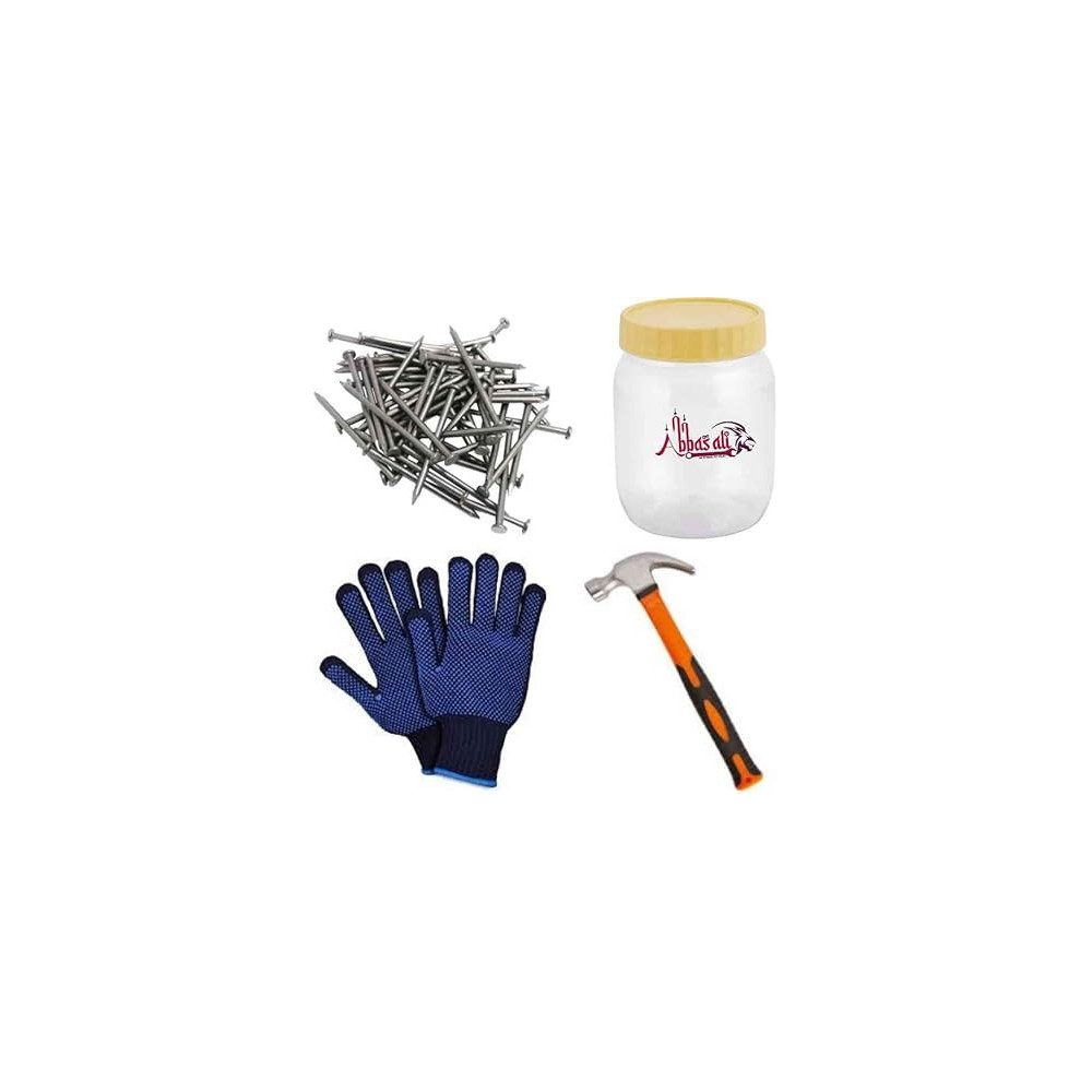 Abbas Ali High Strength Round Head Nails For Carpentry Hardware Electrical, 200Pcs In A Jar With Glove And Hammer
