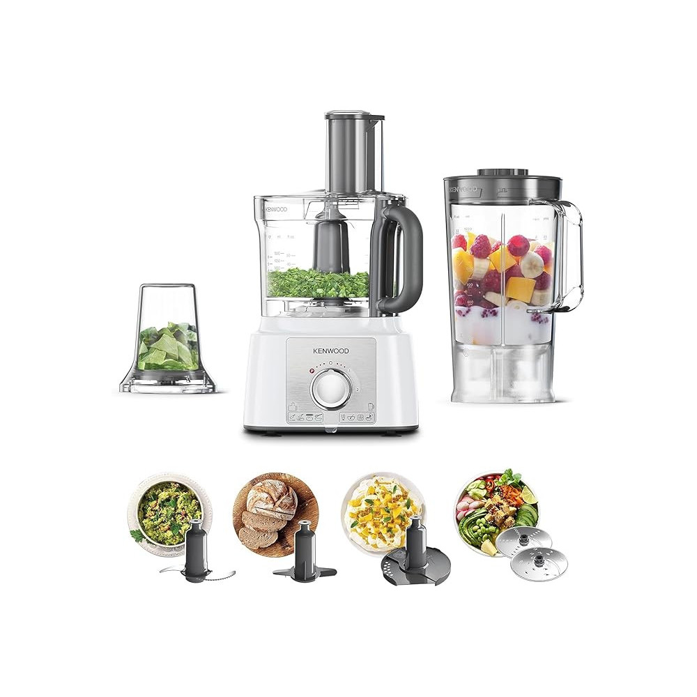 Kenwood Food Processor 1000W Multi-Functional With 3L Bowl, 2 Stainless Steel Disks, Blender, Grinder Mill, Whisk, Dough Maker FDP65 400Wh, White