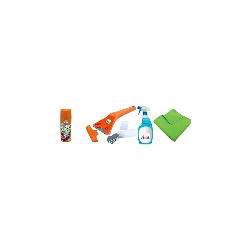 Abbasali Sticker Remover, Glass Cleaner Spray Includes Glass Scrapper With Spare Blade Pkt And Fiber Cloth For Cleaning Glass In House,Offices, Schools, Vehicles Glass