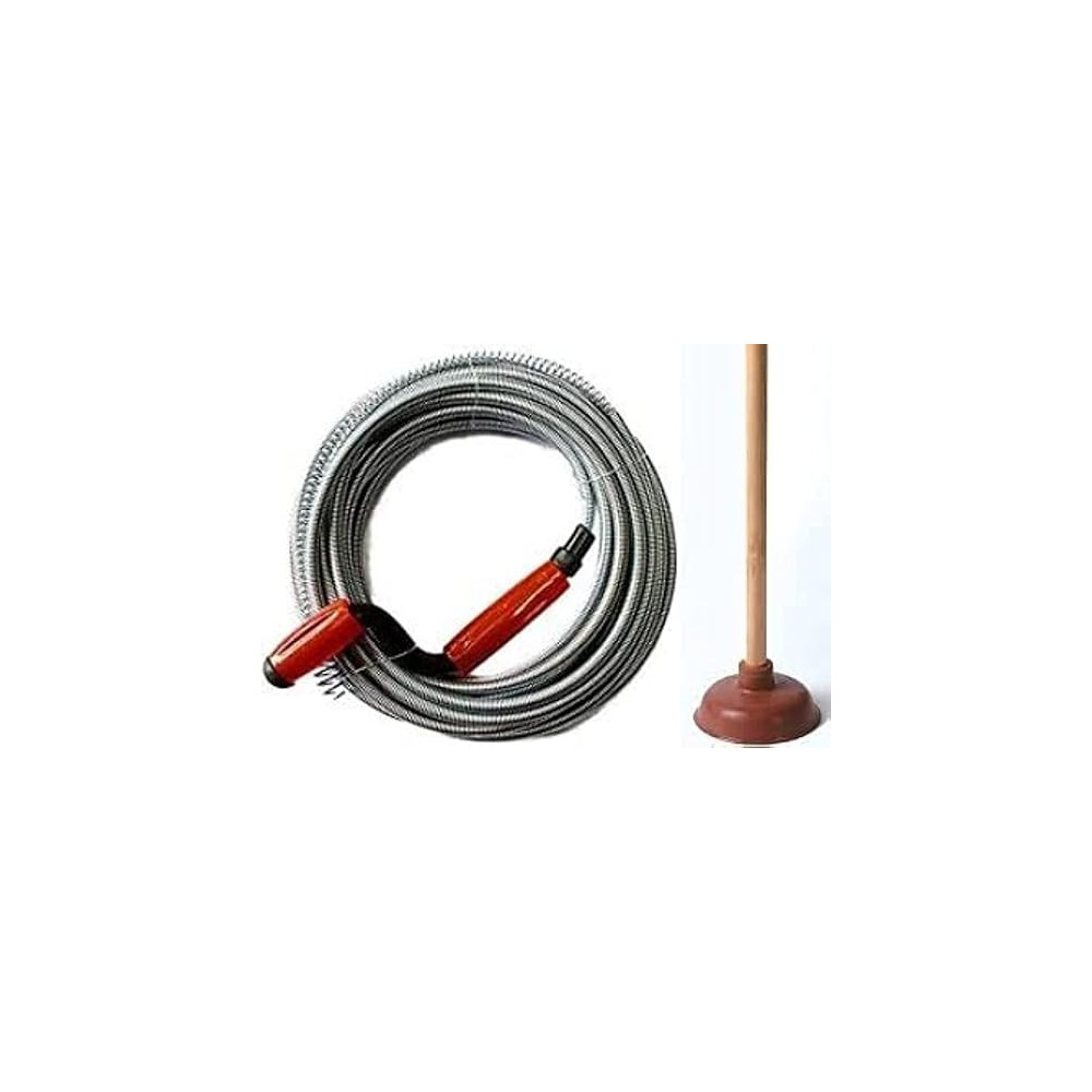 Abbasali Plastic Grip 5M Snake Spring Pipe Rod Sink Drain Cleaner Wire And Toilet Plunger With Wooden Handle