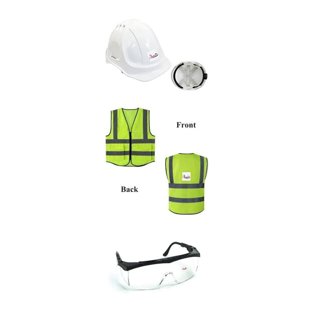 Abbasali Transparent Safety Goggles, Anti-Splash, Impact Resistant, Work Safety, Adjustable Clear Lens, Safety Jacket Free Size And Safety Helmet, White, Pack Of 3Pcs