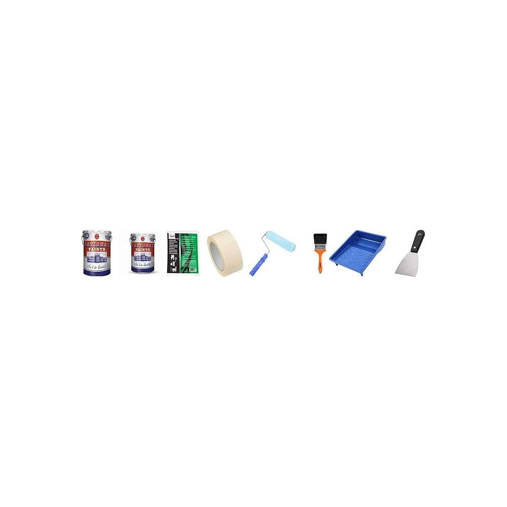Abbasali Complete Solution Of Home For Paint Includes National 18Ltr 809 Emulsion Off White Paint, National Stucco 18Ltr, Paint Tray, Paint Roller 9 Inch, Paint Brush 3 Inch, Polythene Sheet And Masking Tape 2 Inch