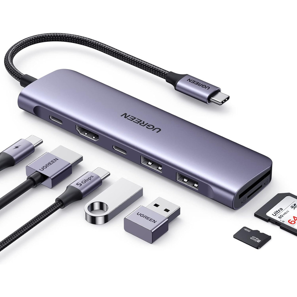 UGREEN Revodok 1071 USB C Hub 7-in-1 with 5Gbps USB-C and 2USB-A 3.0 Data Ports, PD 100W Charging, 4K HDMI, SD/TF Card Reader, USB C Multiport Adapter for MacBook Pro/Air M1/M2 iPad Pro/Air Surface